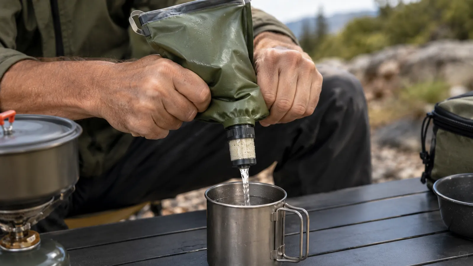Hands squeezing a water pouch through a small filter over a metal camp mug