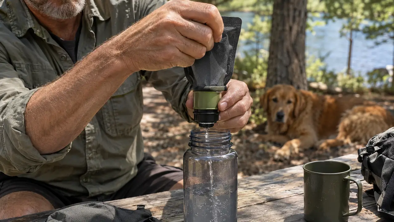 Hands squeezing a water filter pouch over a wide-mouth bottle at a campsite table, with a dog resting in the shade nearby