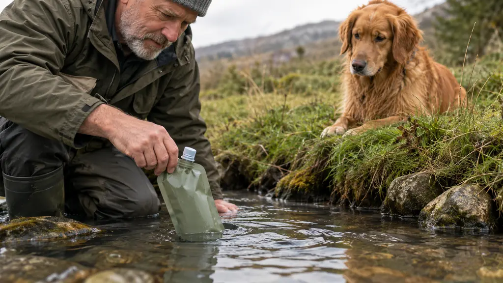 A hand filling a water pouch from a slow-moving creek while a dog waits on the bank