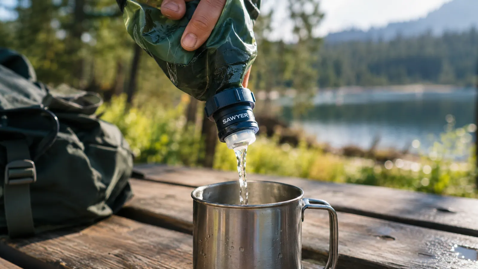 A hand squeezing a water pouch through a filter into a metal camp cup